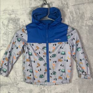 Eddie Bauer Blue Gray Camping Scene Lightweight Hooded Jacket Pockets Size 4T